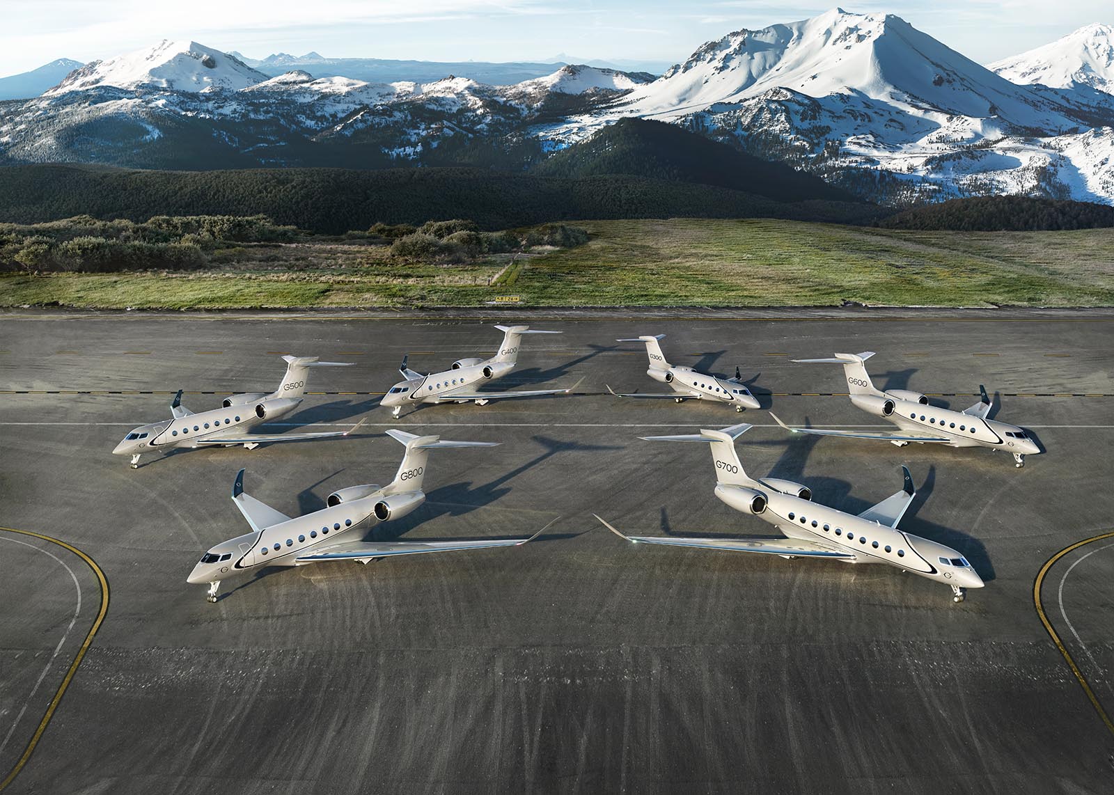 Gulfstream's fleet in formation on the tarmac.