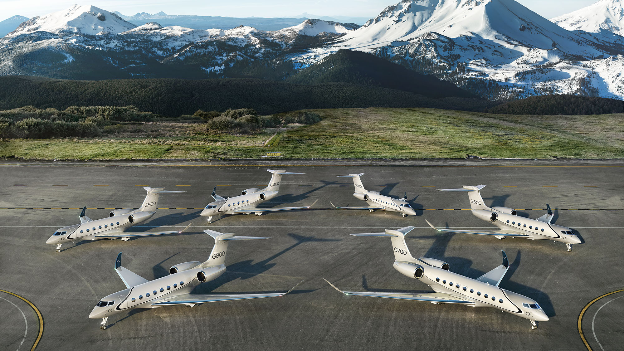 Gulfstream's fleet in formation on the tarmac.