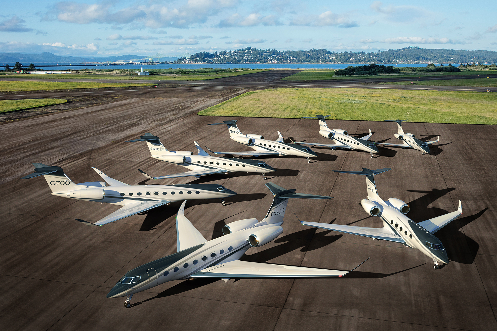 Gulfstream's fleet in formation on the tarmac.